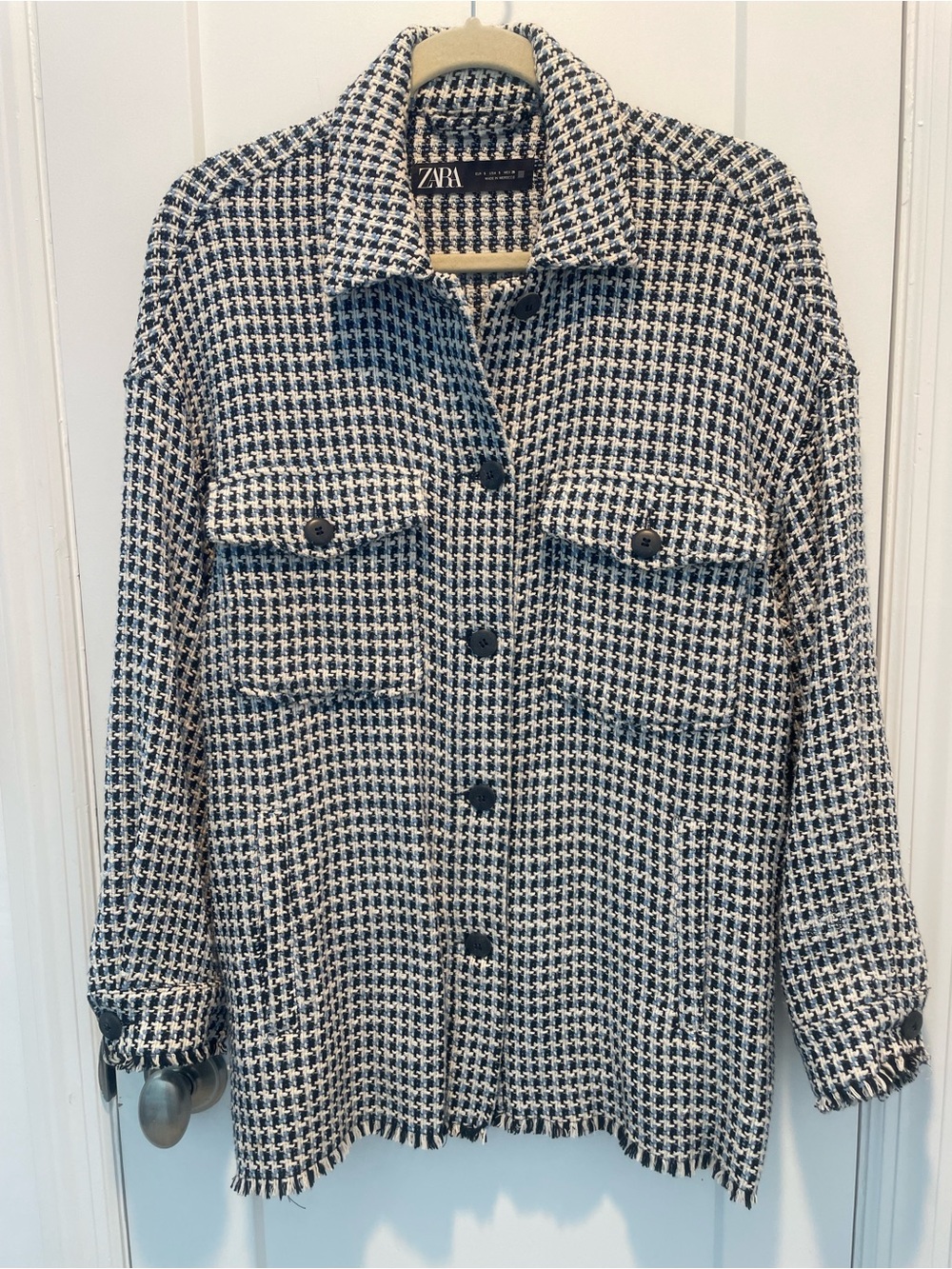 ZARA Black & White & Blue Houndstooth Textured Tweed Overshirt/Shacket ~ Small
